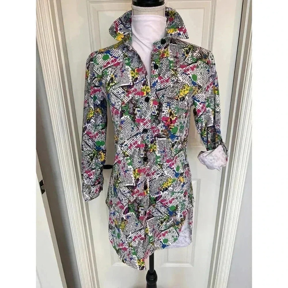 Thrill graffiti colorful raw hem button down long sleeve shirt dress small  NWT - Picture 3 of 13